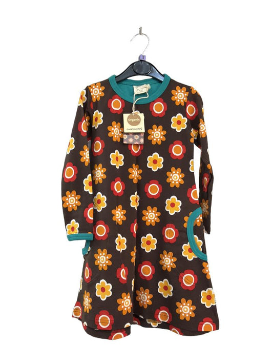 Preloved Maxomorra - Brown Orange Floral Print Long-sleeved Dress, NEW With Tags (3-4y)