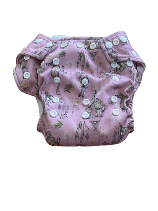 Preloved Little Lamb - Pink Hare Print Reusable Nappy.
