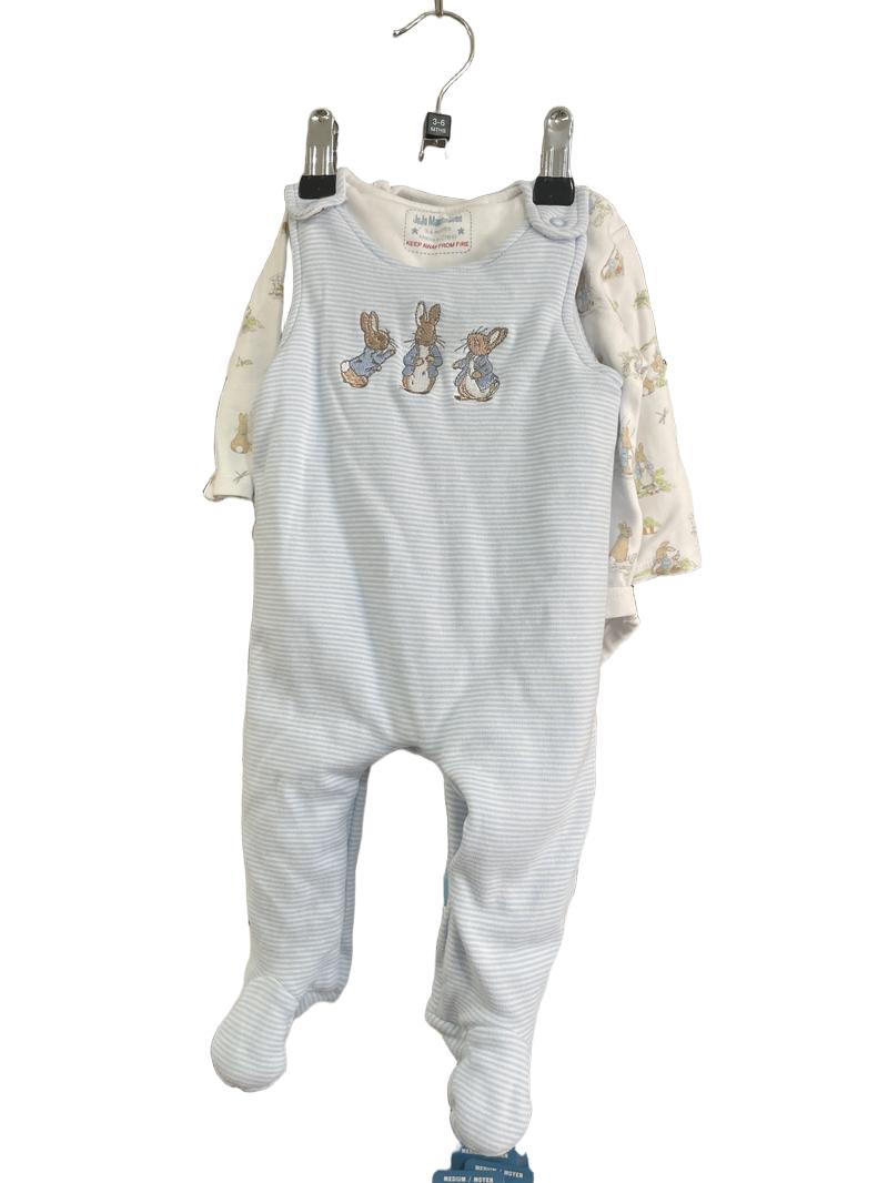 Preloved Jojo Maman Bebe - Blue Stripe Peter Rabbit Thick Footed Dungarees With White Long Sleeve Peter Rabbit Vest. (3-6m)