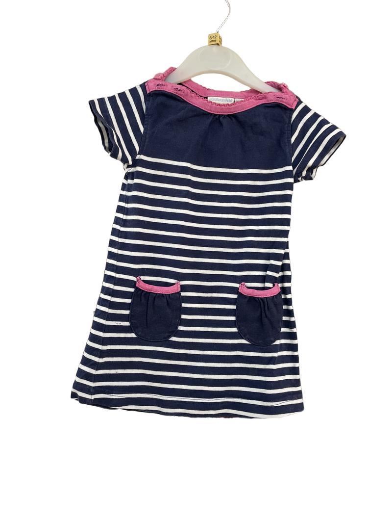 Preloved Jojo Maman Bebe - Navy White Stripe Pink Trim Short-sleeved Dress (6-12m)
