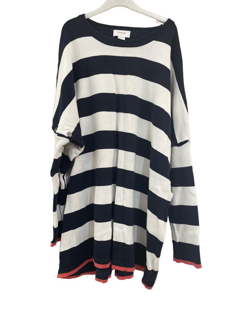 Preloved Seraphine - Navy And White Stripe Top. Button Up Sides.And Top Of Arms. (Medium)
