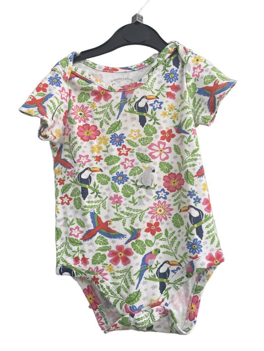 Preloved Frugi - White Floral Tropical Birds Bodysuit (12-18m)