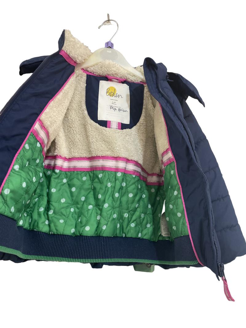 Preloved Boden - Navy Puff Jacket. With Fleece Hood And Partial Inside. (3-4y)