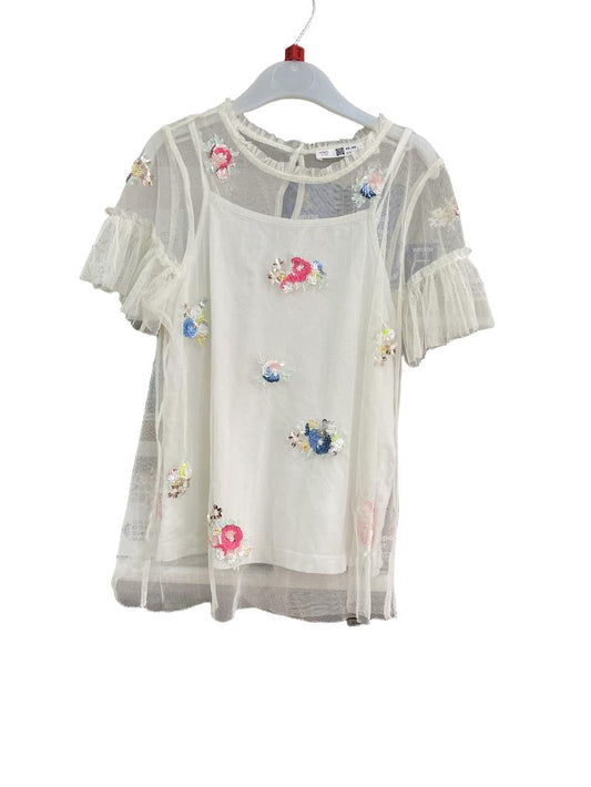 Preloved Marks & Spencer - White Tulle Short-sleeved Top With Sequin Flowers And Tank/vest (8-9y) - Top