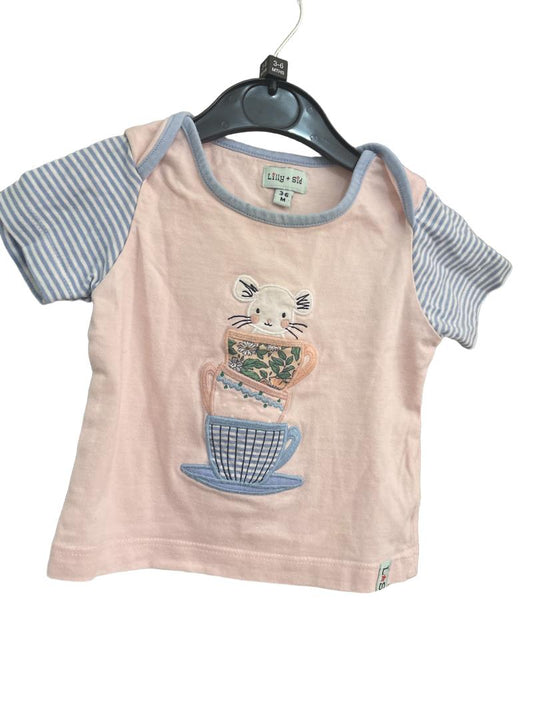 Preloved Lilly + Sid - Pink Blue White Stripe Mouse T-shirt (3-6m)