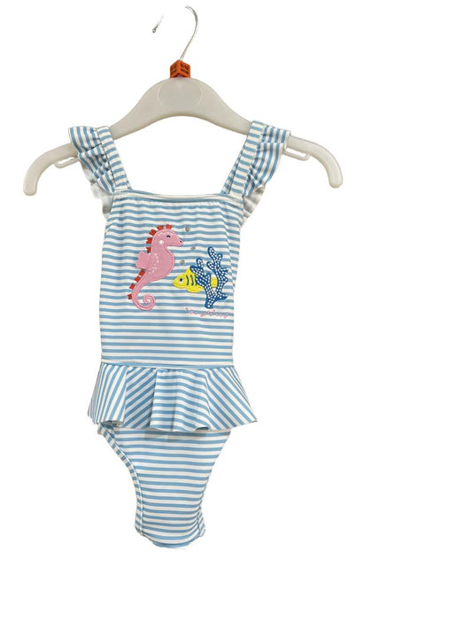 Preloved John Lewis - Blue White Stripe Seahorse Girl Swimsuit (9-12m)