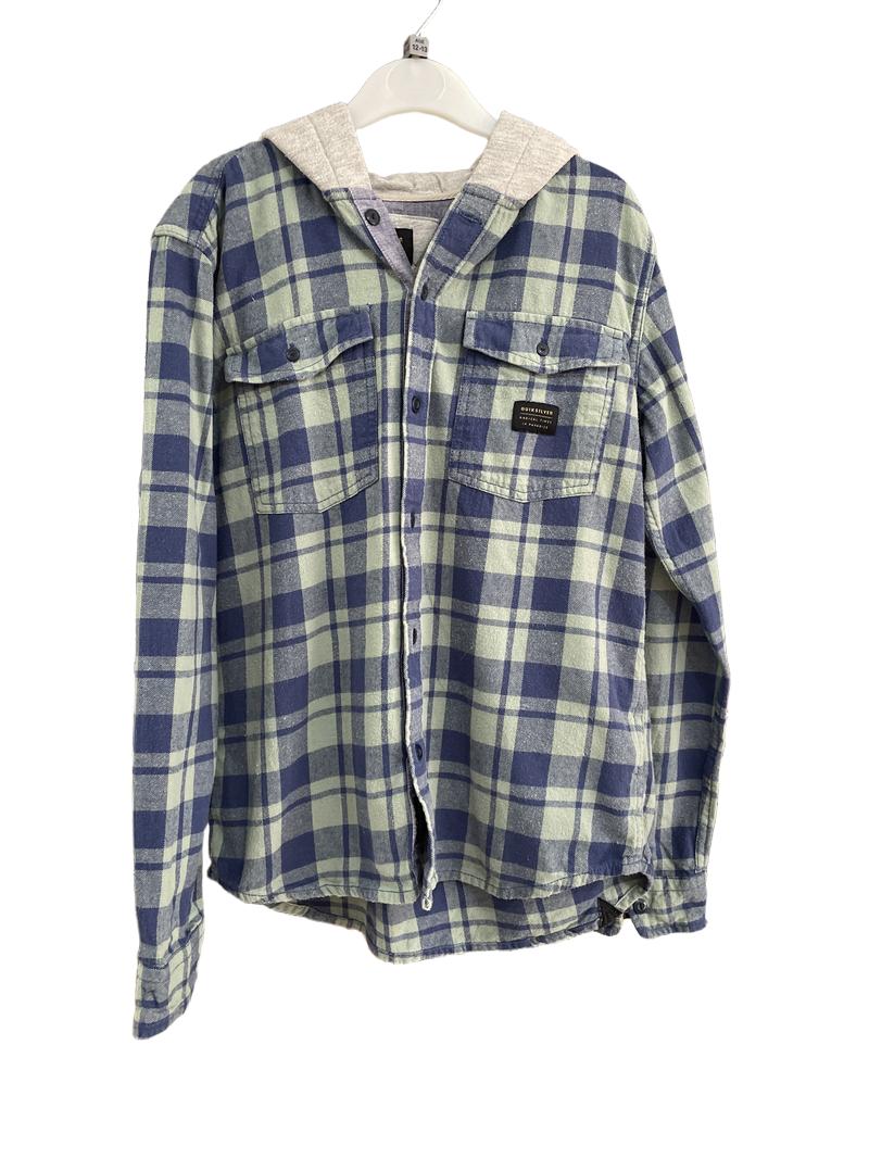 Preloved Quiksilver - Blue Green Check Flannel Hoodie Long-sleeved Button Shirt (12-13y)