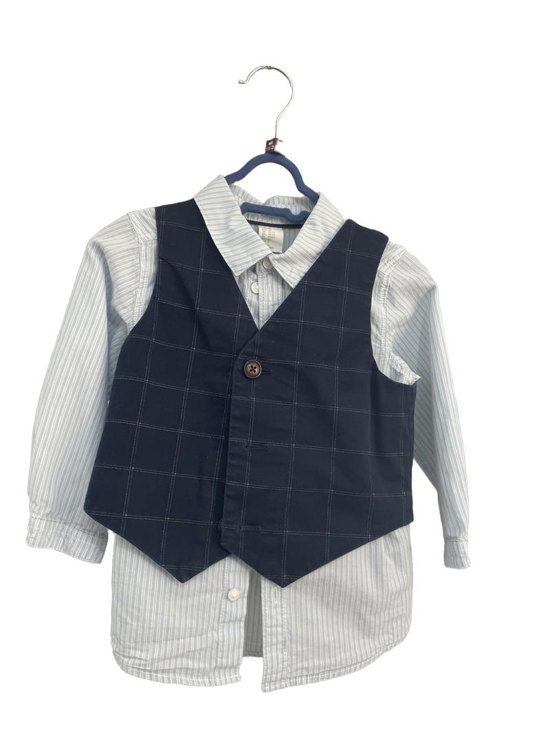 Preloved H&M - Navy Check Waistcoat, Trousers With Blue Stripe Long-sleeved Shirt (18-24m)