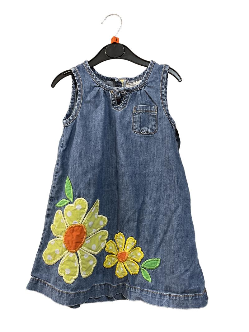 Preloved Mini Boden - Dress - Sleeveless Denim Dress Pinafore With Yellow Flower Appliques (4-5y)