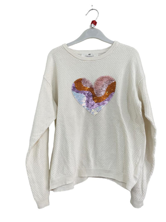 Preloved H&M - White Pointelle Heart Sequin Long-sleeved Top (8-9y, 9-10y)