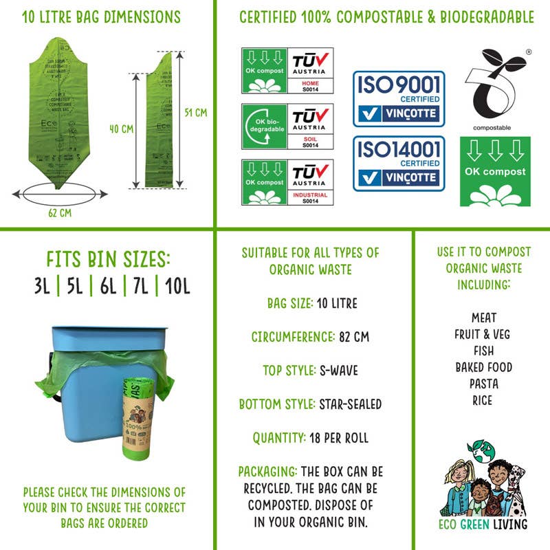 10L Compostable Waste Bags | 1 Roll of 18 Bags