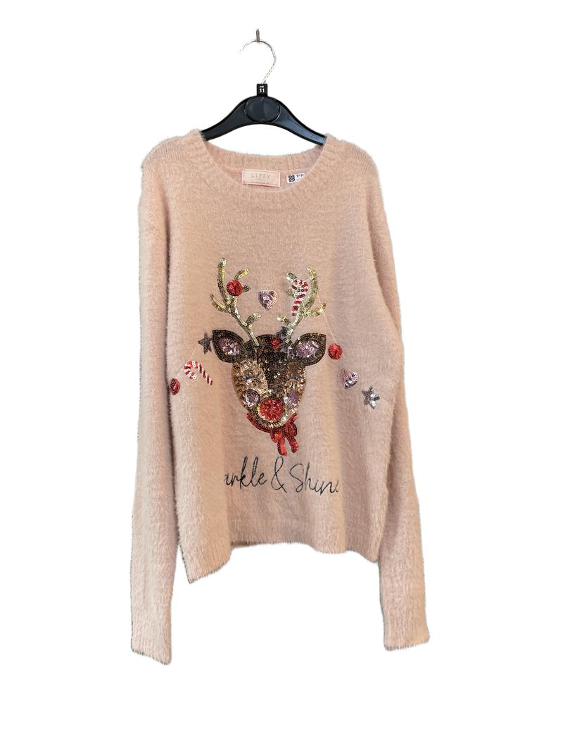 Preloved Lipsy London - Pink Fuzzy Reindeer Sequin Jumper (11-12y)