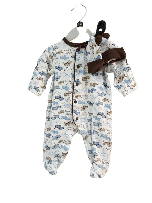 Preloved Little Me - White Blue Brown Dog Print Sleepsuit With Hat (3-6m)
