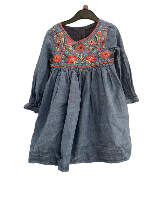 Preloved Marks & Spencer - Blue Denim Long Sleeve Dress With Colourful Floral Embroidery. (2-3y)