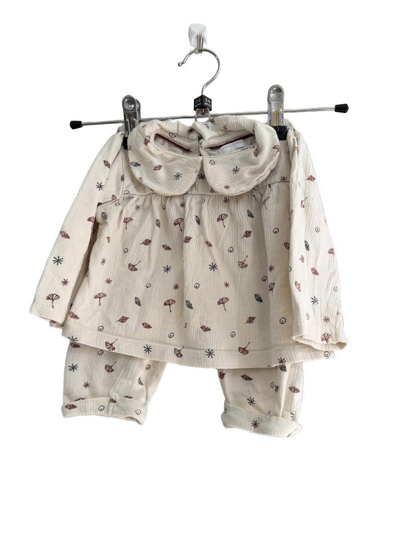 Preloved Noppies - Cream Leaf Print Long-sleeved Top And Trousers (3-6m)