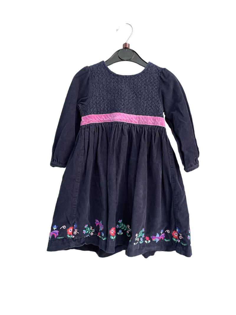 Preloved Jojo Maman Bebe - Dark Blue Corduroy Dress, Long Sleeves, Pink Ribbon And Embroidered Trim (2 UK)