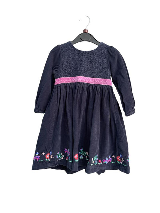 Preloved Jojo Maman Bebe - Dark Blue Corduroy Dress, Long Sleeves, Pink Ribbon And Embroidered Trim (2 UK)