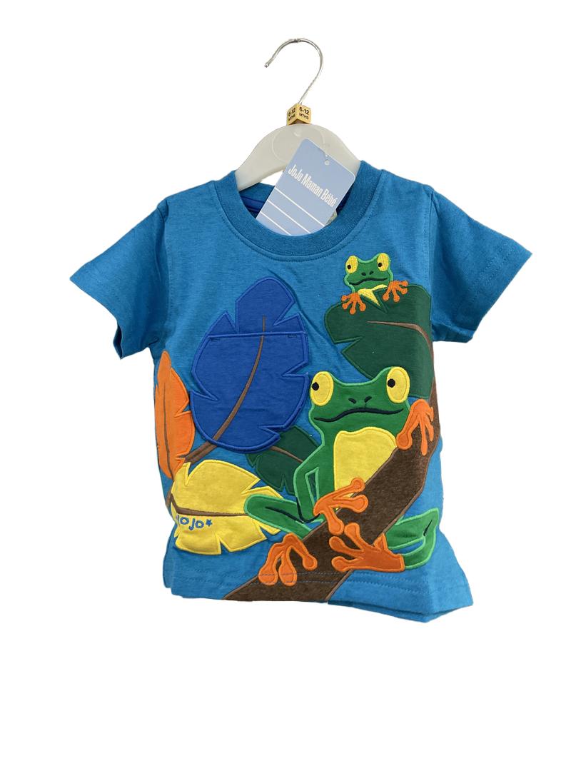 Preloved Jojo Maman Bebe - Blue Jungle Frog Embroidered T Shirt, NEW With Tags (6-12m)