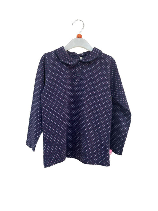 Preloved Jojo Maman Bebe - Navy Pink Polka Dot Peter Pan Collar Long-sleeved Top (4-5y)