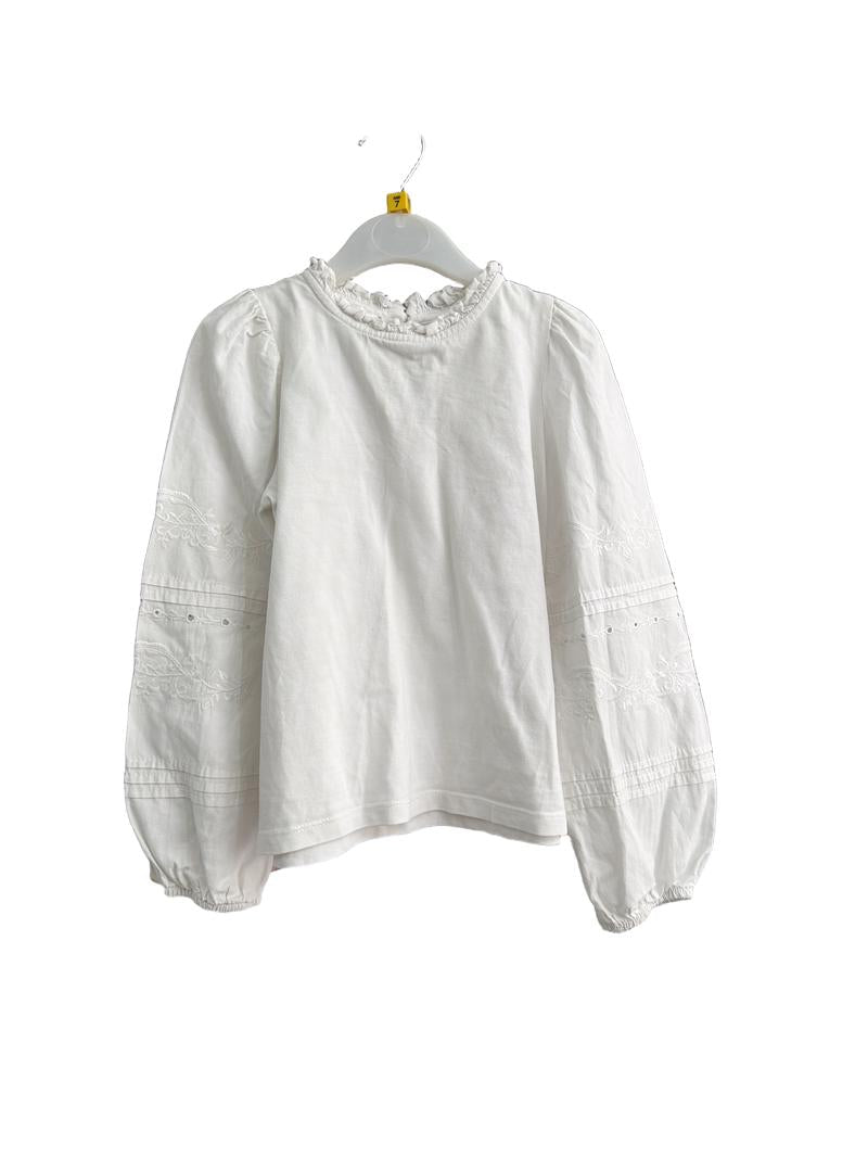 Preloved Zara - White Long-sleeved Lightweight Cotton Lace Sleeve Shirt (7-8y)