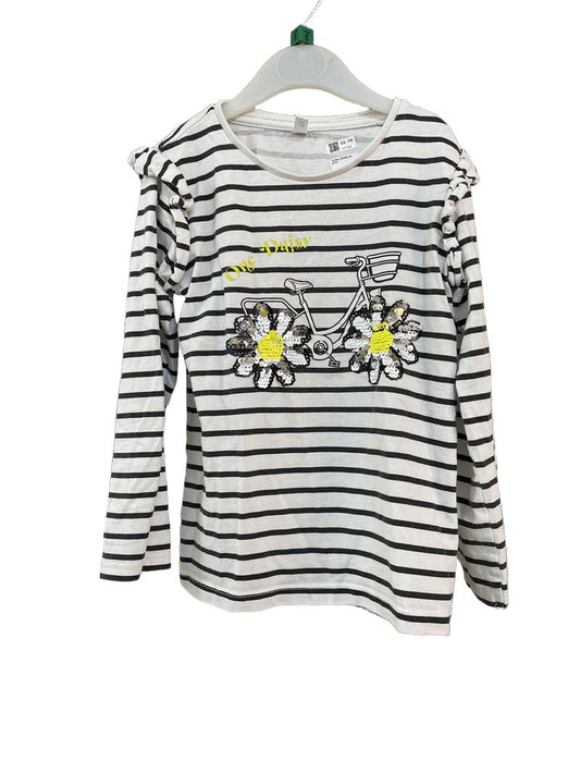 Preloved Idexe - White Navy Stripe Bicycle Sequin Daisy Long-sleeved T Shirt (5-6y)