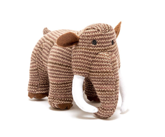 Dinosaur Baby Rattle, Knitted Woolly Mammoth Brown stripes