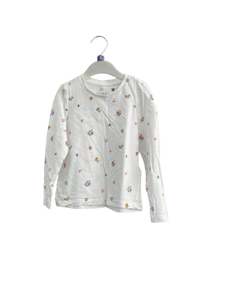 Preloved Marks & Spencer - White Long-sleeved T Shirt With Floral Print (3-4y) - Top