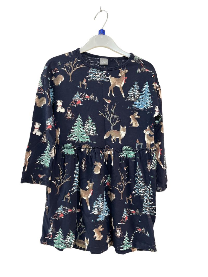 Preloved Next - Navy Chrismas Forest Print Long-sleeved Dress (6-7y)
