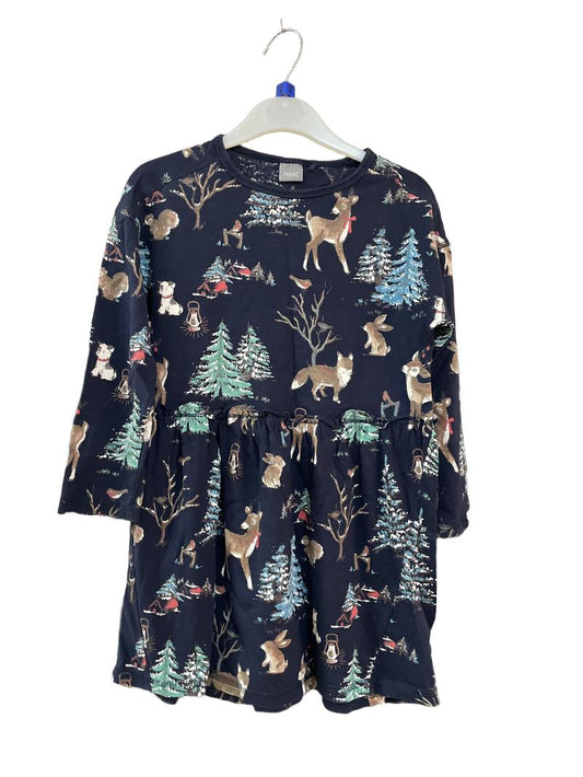 Preloved Next - Navy Chrismas Forest Print Long-sleeved Dress (6-7y)