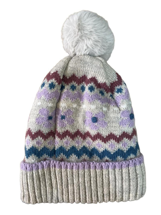 Preloved John Lewis - Gray Purple Pink Blue Floral Knit Pom Pom Fleece-lined Beanie (6-7y, 7-8y)