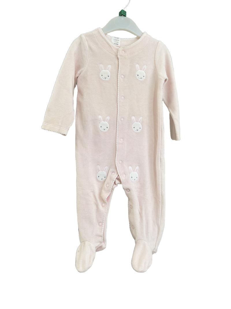 Preloved John Lewis - Pink Velour Rabbit Appliqué Long-sleeved Sleepsuit Babygrow With Feet (6-9m)