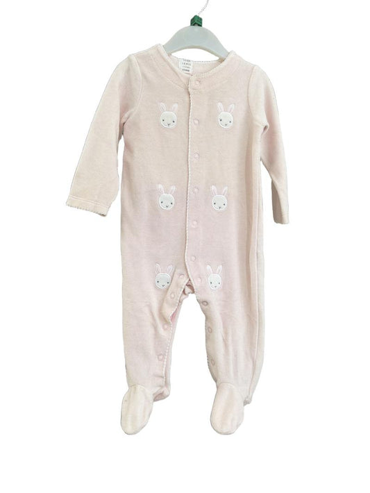 Preloved John Lewis - Pink Velour Rabbit Appliqué Long-sleeved Sleepsuit Babygrow With Feet (6-9m)