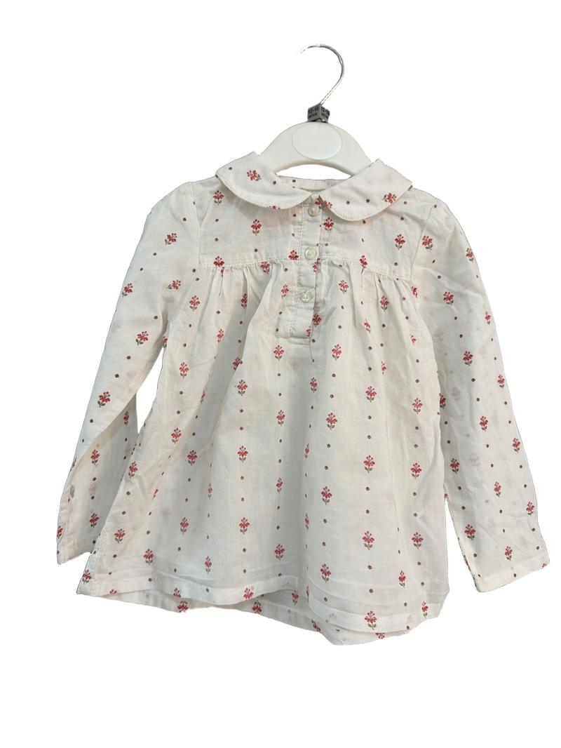 Preloved John Lewis - White Red Brown Floral Print Long-sleeved Lightweight Cotton Shirt (12-18m)
