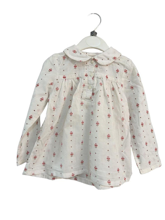 Preloved John Lewis - White Red Brown Floral Print Long-sleeved Lightweight Cotton Shirt (12-18m)