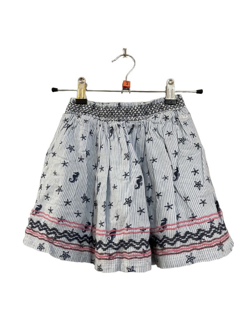 Preloved Fatface - Skirt - Blue White Seersucker Skirt Nautical Print With Pink Embroidery (4-5y)