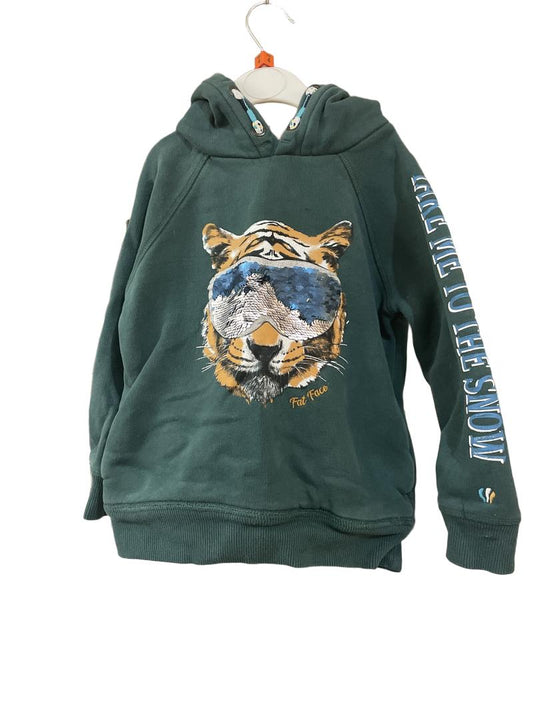 Preloved Fatface - Dark Green Tiger Jumper With Sequin Glasses. (4-5y)