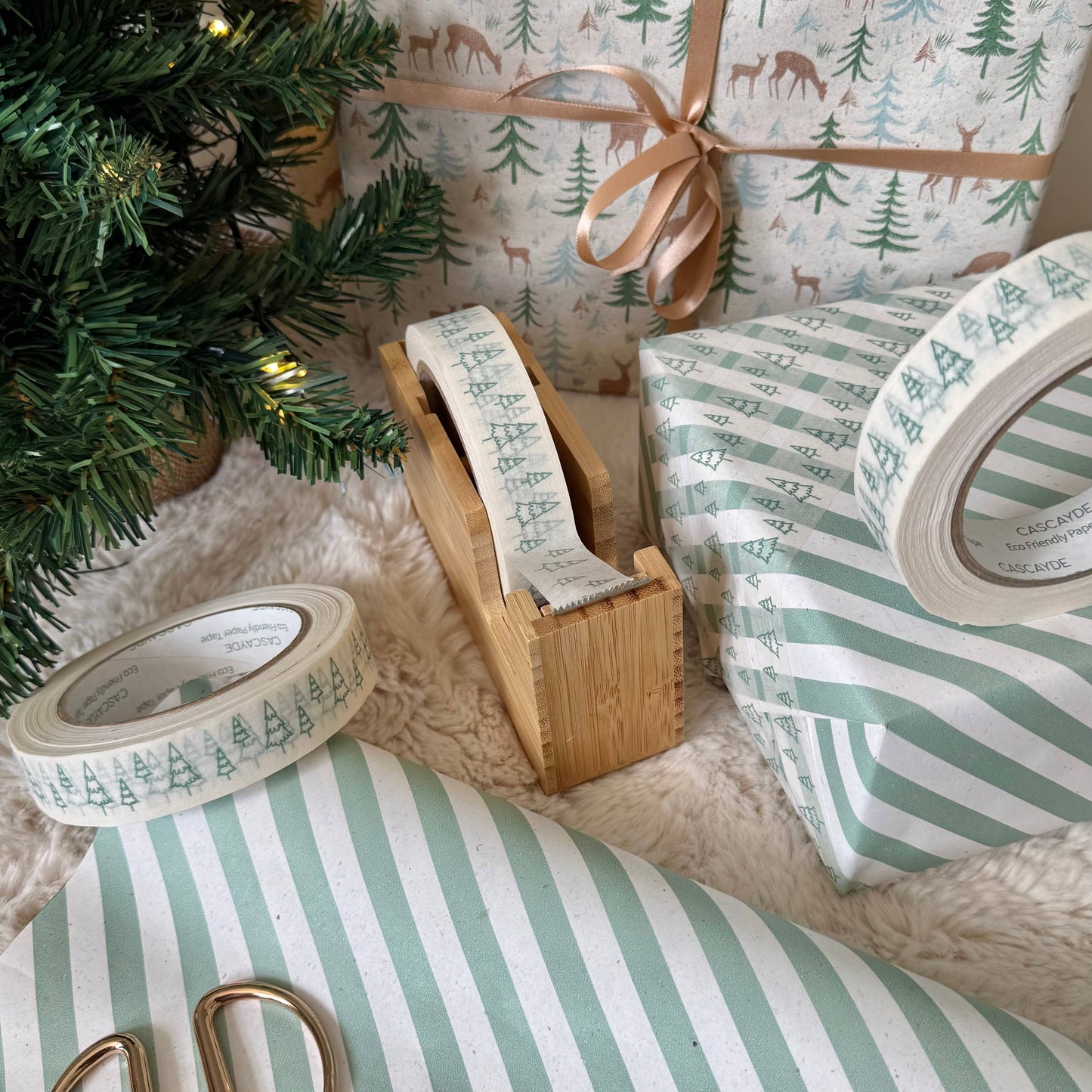 Green Christmas Tree (White) Paper Tape 24mm - Gift Wrapping