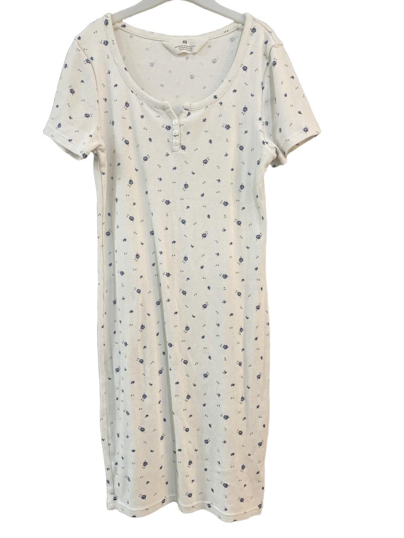 Preloved H&M - Cream Blue Floral Print Ribbed Short-sleeved Dress (12-13y, 13-14y)