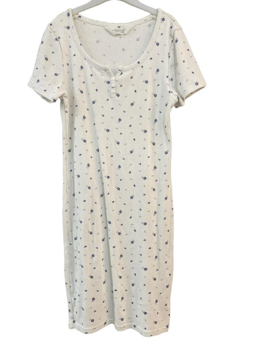 Preloved H&M - Cream Blue Floral Print Ribbed Short-sleeved Dress (12-13y, 13-14y)