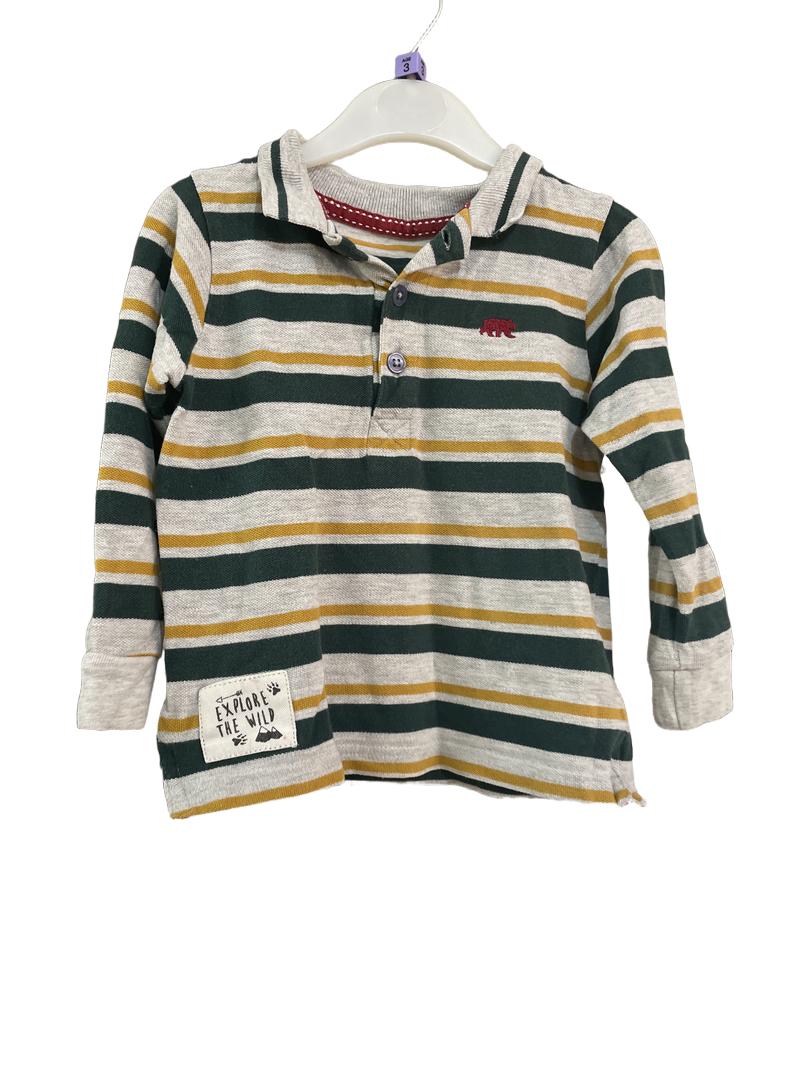 Preloved Dunnes Stores - Grey, Green And Mustard Stripe Long-sleeved Top. (3-4y)