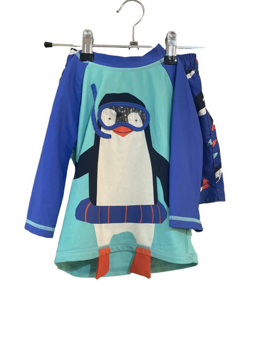 Preloved Marks & Spencer - Blue Penguin Short-sleeved Sun Protection Rashie Shirt And Matching Swim Trunks (18-24m)
