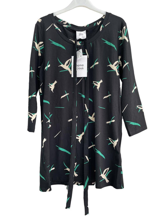 Preloved Mama Licious - Black Beige Green Hummingbird Print 3/4 Sleeve Top, NEW With Tags (Small) - Top