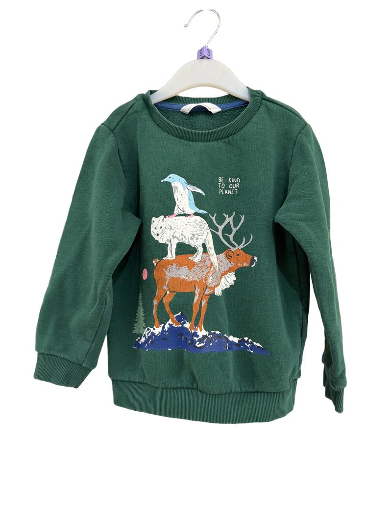 Preloved Marks & Spencer - Green Be Kind To Our Planet Wildlife Graphic Sweat Shirt (3-4y)