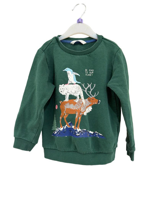 Preloved Marks & Spencer - Green Be Kind To Our Planet Wildlife Graphic Sweat Shirt (3-4y)