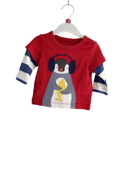 Preloved Baby Boden - Red Penguin Earmuffs Mock Sleeve T Shirt (0-3m)