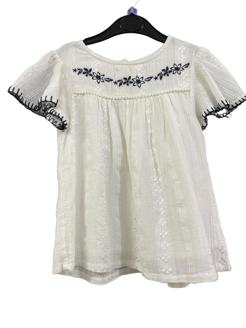 Preloved Orchestra - White Lightweight Cotton Short-sleeved Top With Navy Embroidery (3-4y) - Top