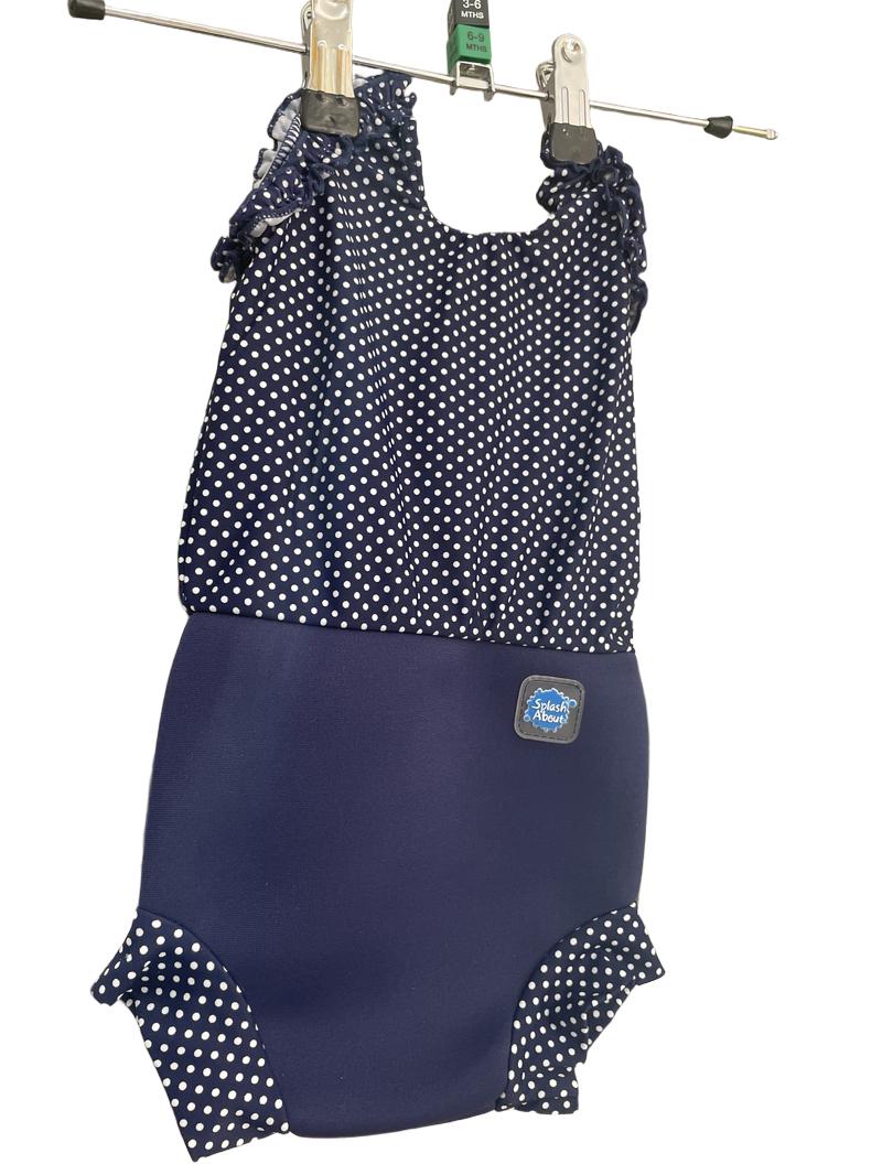 Preloved Splash About - Navy Polka Dot Happy Nappy Costume Girl Swimsuit With Integrated Swim Nappy (Medium: 3 – 8 M) (3-6m, 6-9m)