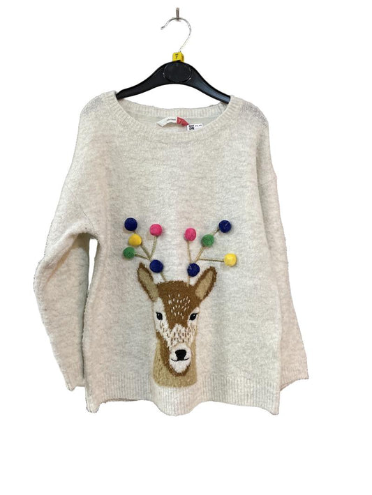 Preloved John Lewis - Cream Reindeer Pom Pom Christmas Jumper (7-8y)