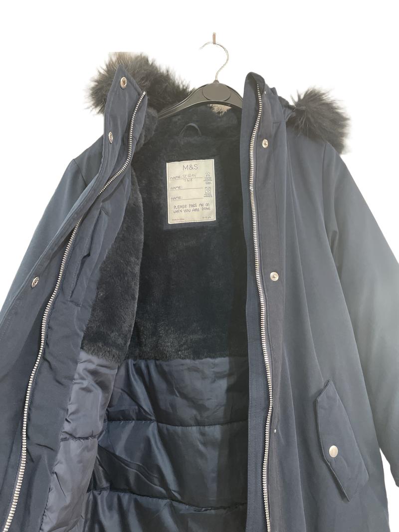 Preloved Marks & Spencer - Navy Coat. Faux Fur Trim Hood. (9-10y)