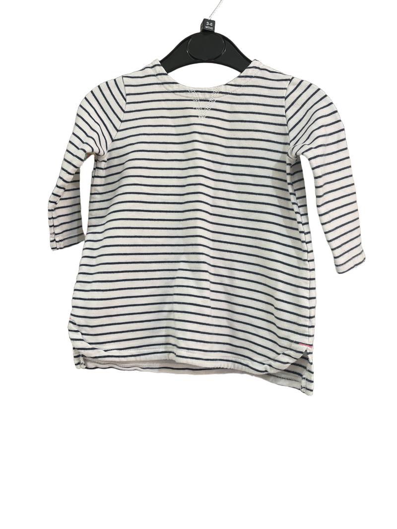 Preloved Next - Long Sleeve Navy And White Stripe Dress With Star Embroidered Elbow Detail. (3-6m)